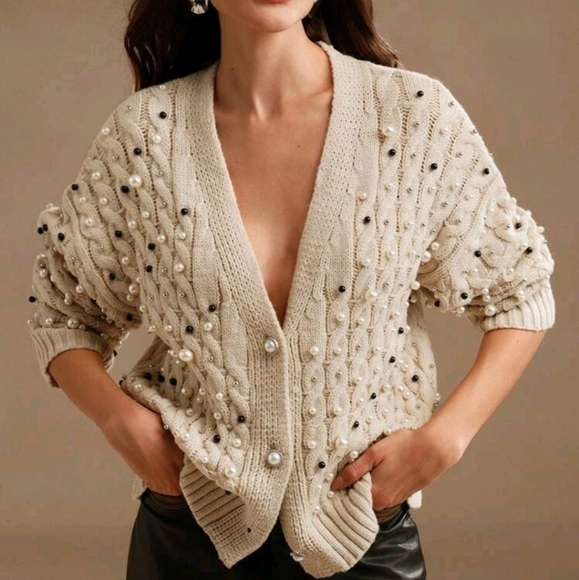 Autumn/Winter Heavy Beaded V-Neck Cardigan Sweater Jacket Knitted Outwear